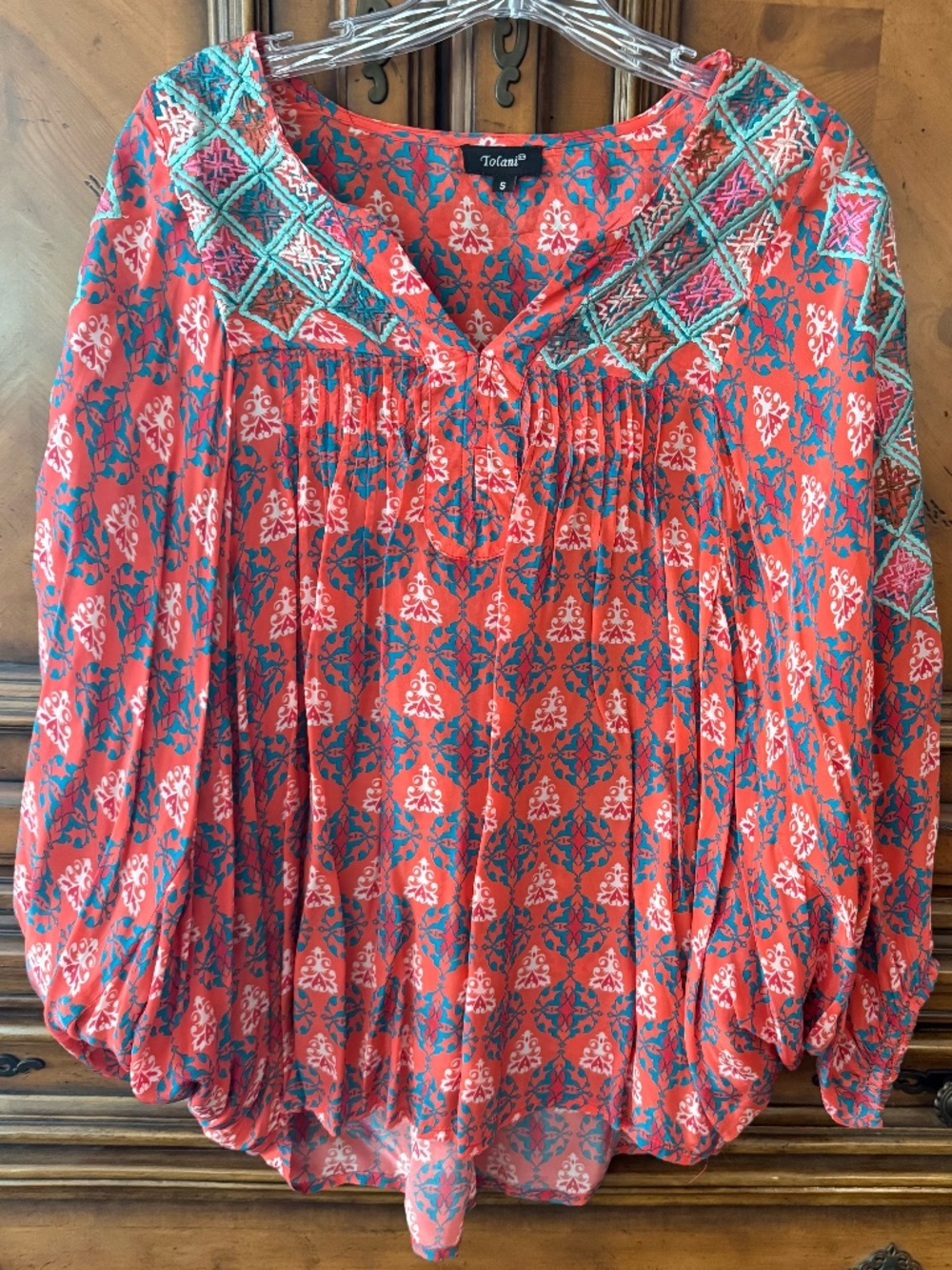 Feathers by Tolani Salmon Pink Boho Embroidered Blouse Top Size XS